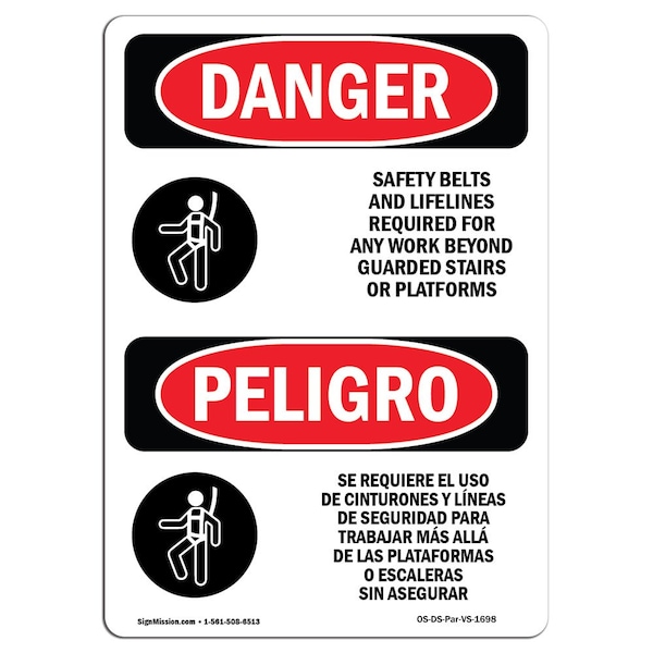OSHA Sign, Belts & Lifelines Bilingual, 5in X 3.5in Decal, 10PK, 3.5" W, 5" H, Spanish, PK10